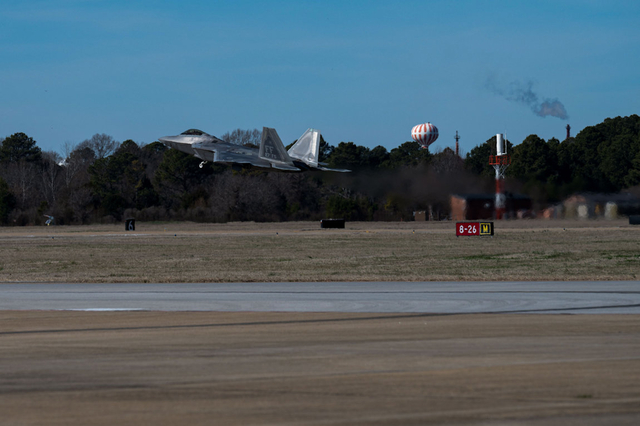 An F-22 Raptor takes off from Joint Base Langley-Eustis, Virginia, Feb. 4, 2023. (U.S. Air Force photo by Senior Airman Chloe Shanes)